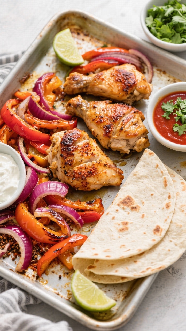 Tasty top view: Sheet-Pan Chicken Fajita Wraps components fresh from the oven—roasted chicken thig