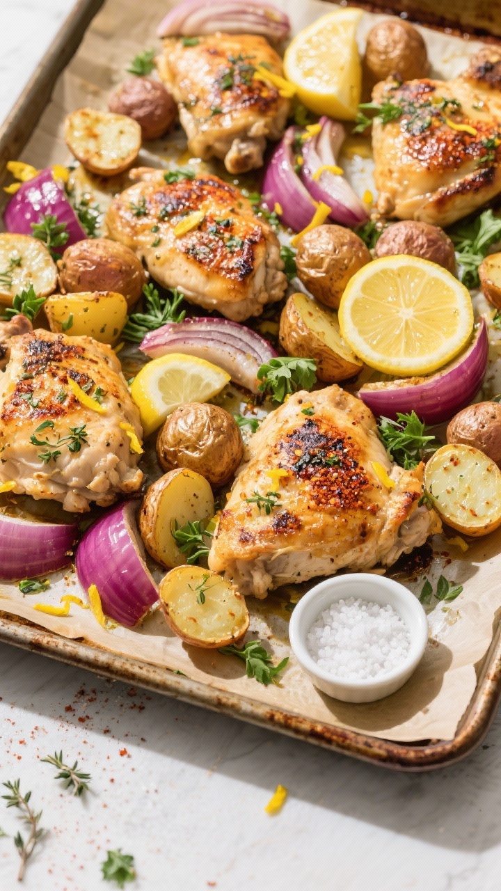 “Tasty Chicken Recipes for Family Dinners” That Make Everyone Ask for Seconds (and Thirds) Tasty top view: Sheet-Pan Lemon-Herb Chicken and Potatoes, overhead shot of roasted chicken with cri