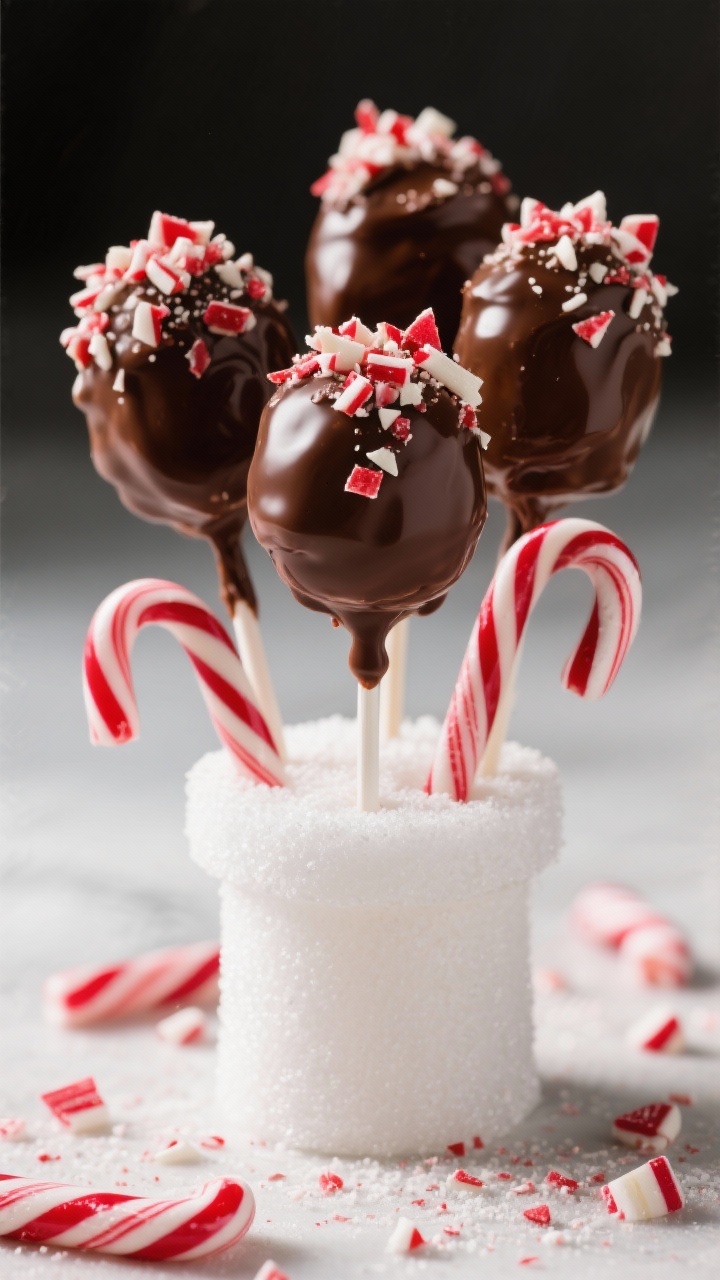 25 oz box mix) bound with 1/2 cup chocolate frosting, dipped in dark/semi-sweet chocolate melts infused with 1/2 teaspoon peppermint extract, topped generously with finely crushed candy canes; pops arranged upright in a white sugar “stand,” glossy chocolate sheen, tiny shards of red-and-white peppermint sparkle, a few whole candy canes and scattered peppermint dust for texture; rich, festive mood with deep browns and vivid red accents, shallow depth of field to emphasize the crackly peppermint bark topping.