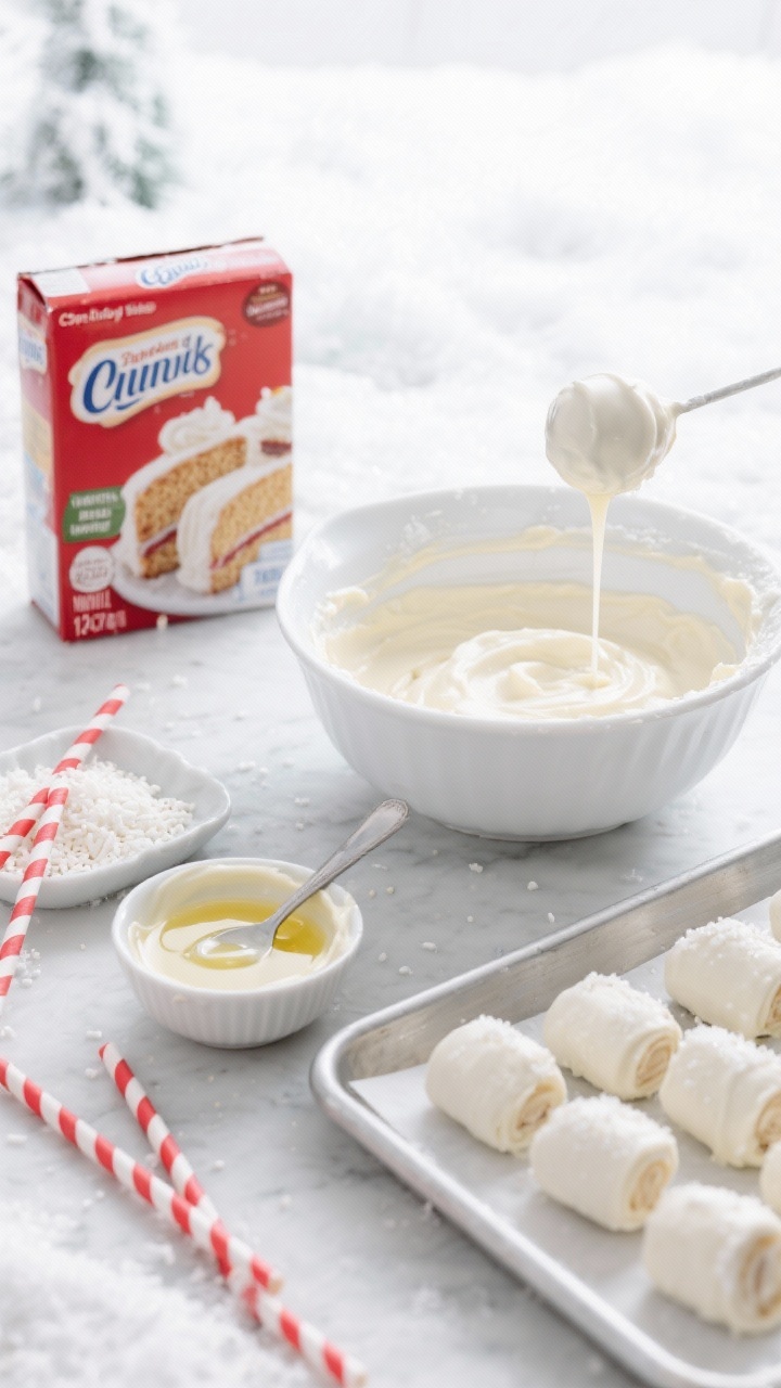 25 oz box mix in a large white bowl mixed with 1/2 cup room-temperature vanilla frosting, a tray of smooth, rolled cake balls on parchment, a small bowl of melted glossy white chocolate/candy melts (12 oz) with a tablespoon of vegetable oil for thinning visible nearby, red-and-white striped paper straws, a shallow dish of snowy white sprinkles, and a chilled sheet pan for setting; cool, wintery styling with frosty whites and silver props, bright natural light, crisp focus on the snowy white chocolate coating about to dip a cake ball.