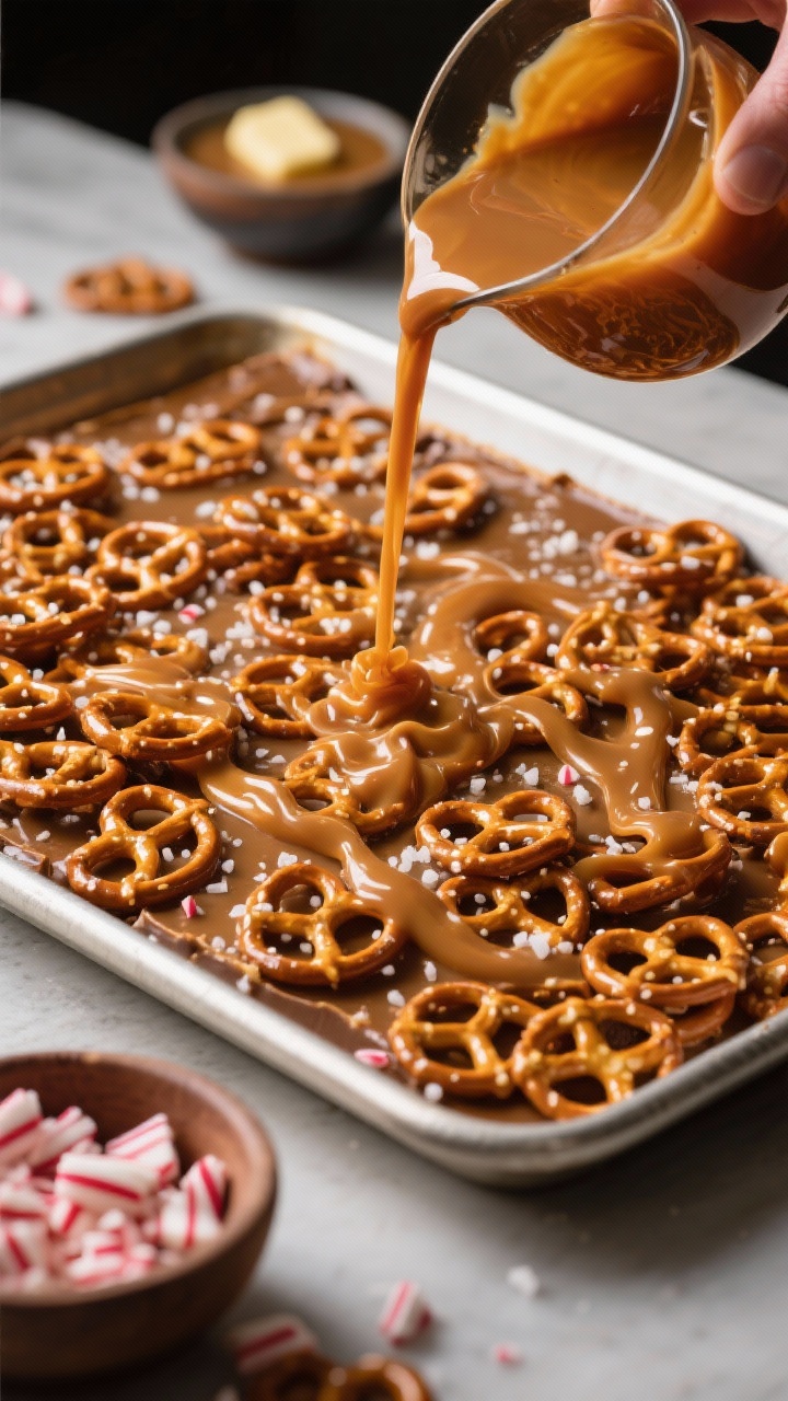 45-degree action/process shot for salted caramel peppermint pretzel toffee: tightly packed mini pretzels covering a 10x15-inch pan while a glossy amber caramel (unsalted butter, granulated sugar, light corn syrup, splash of heavy cream) is being poured over, ribbons of caramel threading between pretzels; finishing touches of flaky salt and crushed peppermint ready in bowls; high-contrast, golden highlights, appetizing drip motion, professional studio lighting with soft reflections to emphasize sweet-salty crunch.