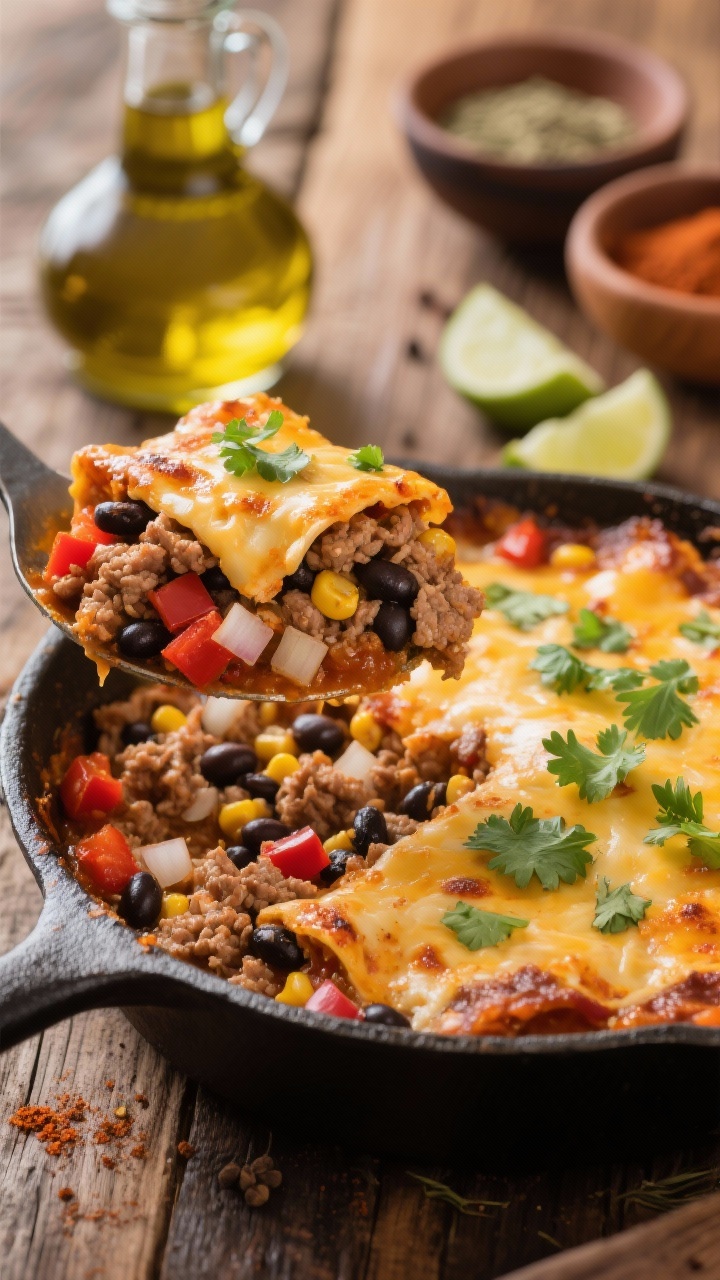 Hearty & Healthy Casseroles That Feed the Whole Family—and Win Weeknights 45-degree action shot of a turkey enchilada “everything” casserole just scooped from a cast-iron skillet: lean ground turkey simmered with diced onion, red bell pepper, minced garlic, chili powder, cumin, dried oregano and smoked paprika, layered with black beans and sweet corn, lightly sauced with enchilada sauce, melty cheese blistered on top; garnished with chopped cilantro and lime wedges on the side; warm, bold Southwestern colors; shallow depth of field focusing on the chunky, saucy filling; rustic wooden table with a bottle of olive oil and spice bowls in the background.