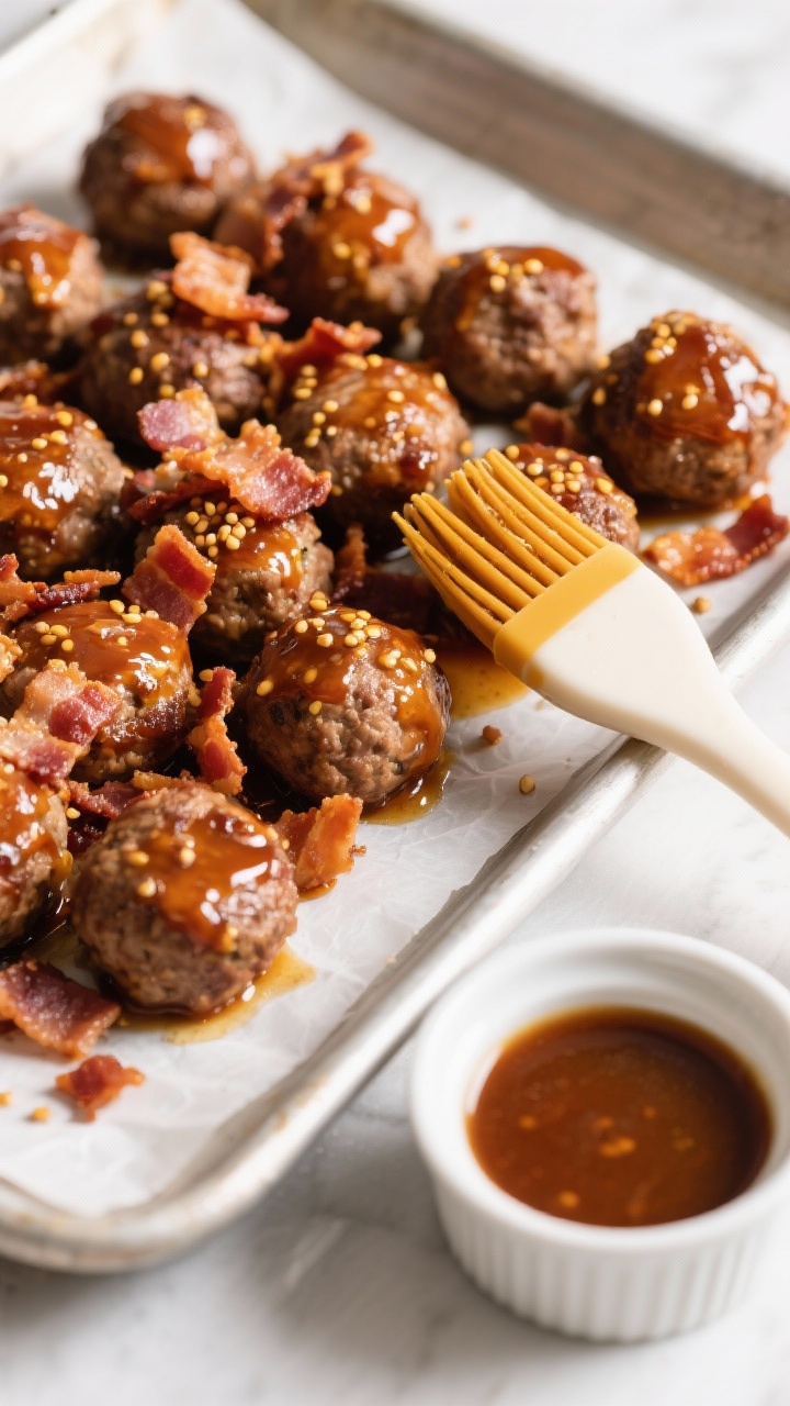 45-degree action shot of maple-mustard glazed meatballs finished with crispy bacon confetti: glossy amber glaze clinging to beef-and-pork (or mild sausage) meatballs, Dijon mustard seeds visible, a hint of smoked paprika warmth; shards of deeply crisp bacon scattered over the top; served on a small sheet pan lined with parchment, a silicone brush streaked with glaze nearby; side ramekin of extra maple-mustard sauce; bright, appetizing lighting emphasizing sticky-sweet glaze and crunchy bacon texture.