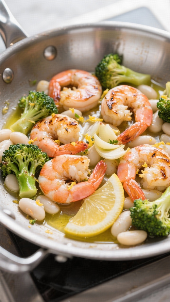 45-degree action shot of zesty lemon-garlic shrimp with white beans and broccolini in a wide sauté pan: large pink shrimp seared in olive oil with thinly sliced garlic, tender broccolini halves charred at tips, and creamy cannellini beans; lemon zest and wedges visible, finishing drizzle of olive oil; bright, fresh Mediterranean mood with a clean stainless pan shine.