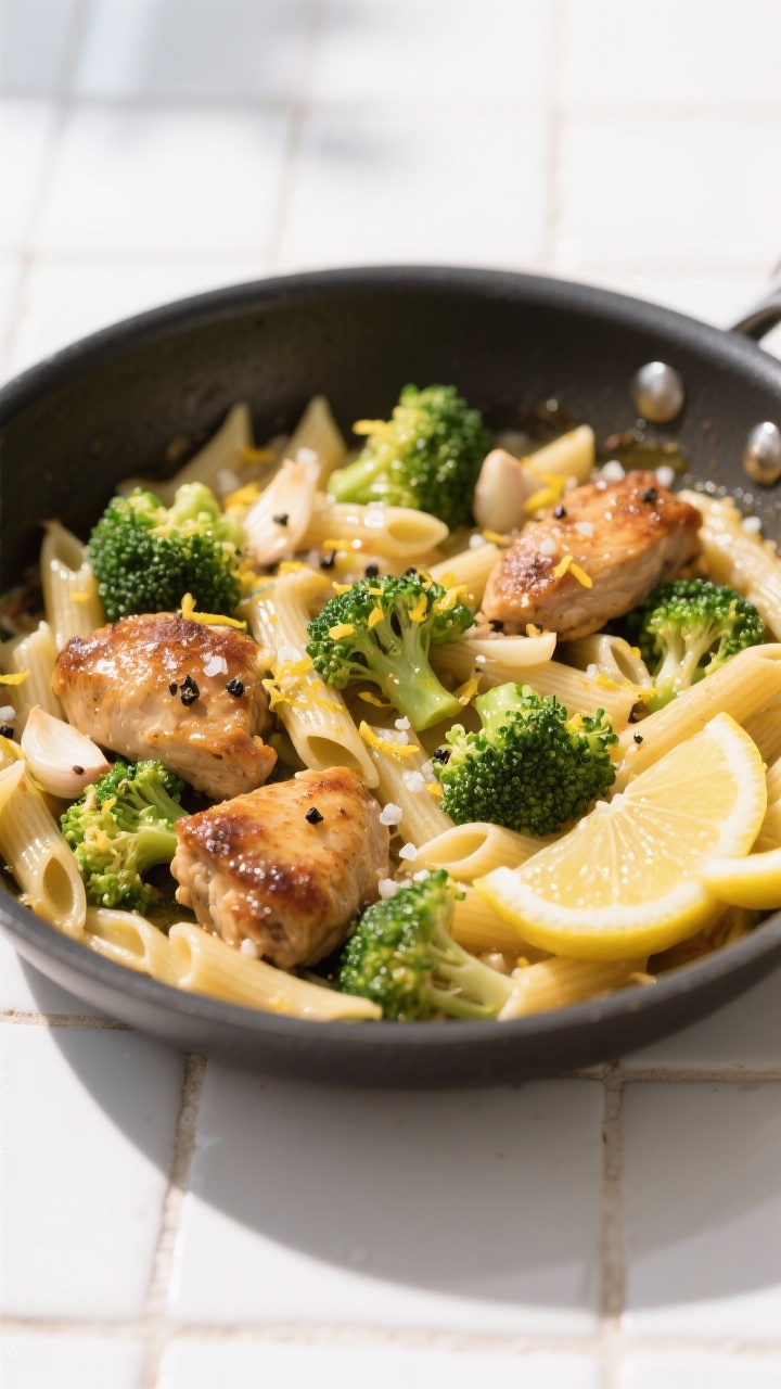 45-degree angle action shot: garlicky lemon chicken penne with broccoli finishing in a sauté pan; bite-size browned chicken thigh pieces glistening, bright green broccoli florets just-tender, penne coated in a light lemony garlic sauce; visible minced garlic bits, black pepper, and kosher salt crystals; lemon zest sprinkled over, lemon wedges at the edge; sunlit, cheerful mood that feels like sunshine; clean white tile background.