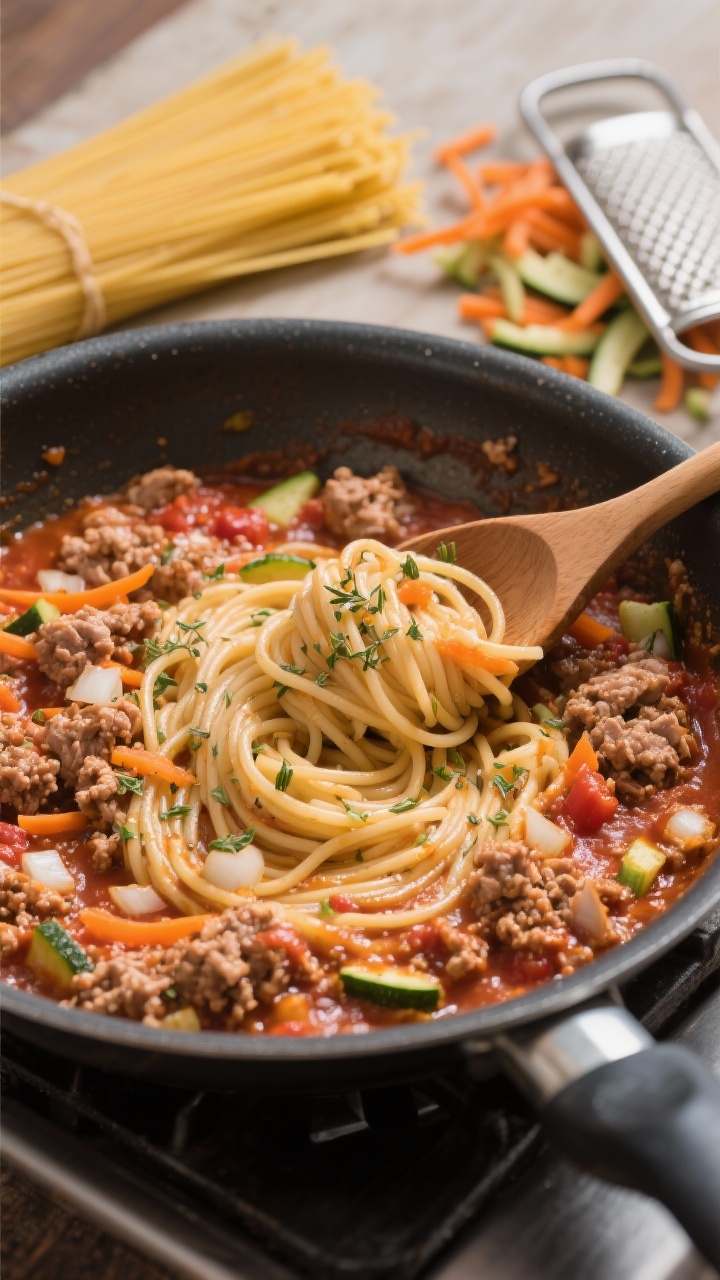 45-degree angle action shot of a one-pan turkey bolognese with hidden veggies simmering in a wide stainless skillet: lean ground turkey crumbles, finely chopped onion, finely grated carrot, and grated zucchini (well-squeezed, moisture reduced) melding into a rich tomato base, whole-wheat spaghetti partly nestled into the sauce; olive oil sheen, flecks of dried Italian herbs, a wooden spoon creating a swirl in the center; background shows a bundle of dry spaghetti and a microplane with carrot/zucchini shreds; warm, cozy kitchen light, shallow depth of field.