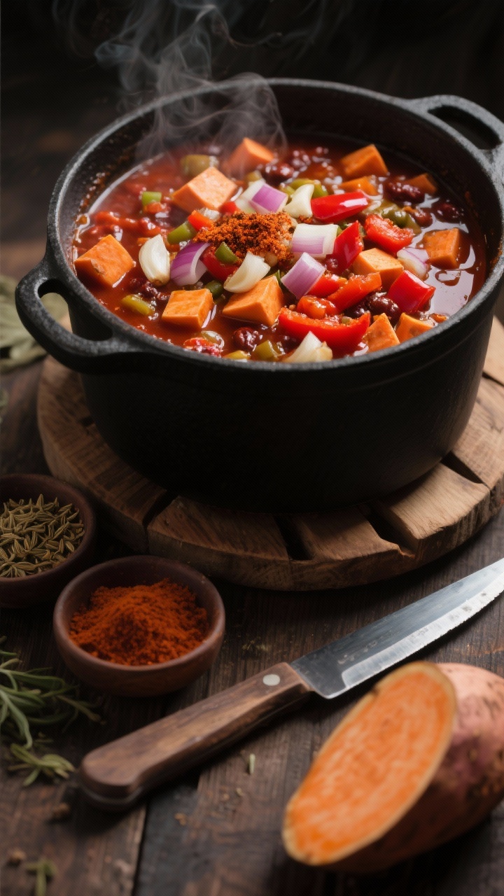 45-degree angle action shot of a smoky veggie chili simmering in a matte black pot: diced onion and red bell pepper, 1/2-inch sweet potato cubes, minced garlic, and a visible dusting of chili powder and ground cumin blooming in olive oil; rich, brick-red sauce with steam rising, chunky vegetables glossy and tender; set on a rustic wooden trivet with small bowls of spices (chili powder, cumin) and a knife next to a partially chopped sweet potato; warm, moody lighting emphasizing the weeknight comfort.
