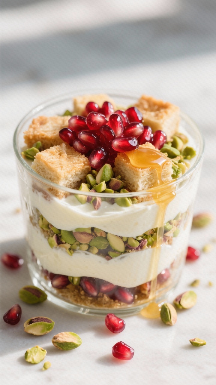 45-degree angle beauty shot of a Pomegranate Pistachio Baklava-inspired Trifle: clear bowl showcasing alternating layers of pound cake cubes, thick Greek or vanilla yogurt, roughly chopped roasted pistachios, and glistening pomegranate arils; a drizzle of honey pooling slightly on the yogurt to suggest baklava sweetness; extra pistachios and scattered arils around the base for texture; crisp, vibrant colors (ruby red, emerald green, ivory), high-detail focus on crunchy nuts vs creamy yogurt, bright natural light with gentle shadows.