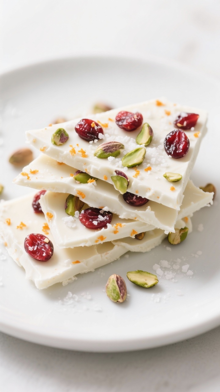 45-degree angle beauty shot of white chocolate cranberry pistachio bark: snowy white chocolate slab studded with jewel-like dried cranberries and emerald pistachios, faint orange zest flecks and a whisper of sea salt on top; broken shards stacked on a matte white plate, clean bright lighting for color pop.