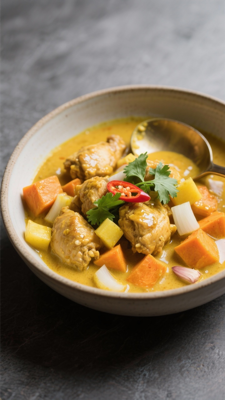 45-degree angle bowl of coconut curry chicken with sweet potatoes: bite-size chicken thighs and cubes of orange sweet potato bathed in a velvety coconut milk curry; diced yellow onion and tender garlic visible; garnished with cilantro and thin chili slices; coconut oil gloss shimmering on the surface; served in a wide ceramic bowl with a ladle, vibrant turmeric-hued sauce against a slate backdrop.