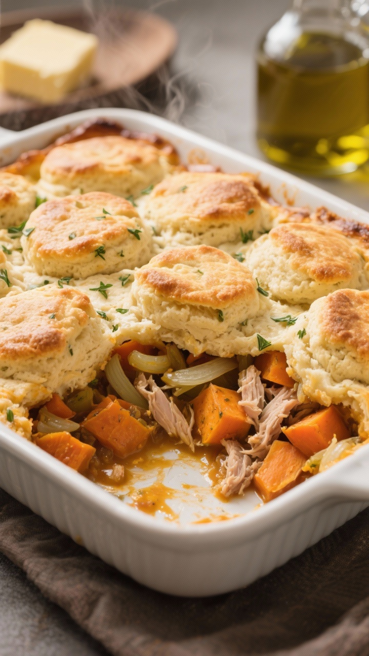 Easy Thanksgiving Leftover Recipes That Turn Yesterday’s Dinner Into Something New—and Irresistible 45-degree angle casserole shot of savory sweet potato shepherd’s pie with herby biscuit topping: baking dish with fluffy, lightly browned biscuit rounds speckled with herbs crowning a bubbling filling of sautéed onion, carrots/roasted veggies, garlic, and shredded cooked turkey; a corner scooped out to show the saucy, hearty interior and a swipe of silky sweet potato beneath the biscuits; butter pat and olive oil bottle in the background; warm, homey lighting emphasizing golden crust and steam for comfort-food appeal
