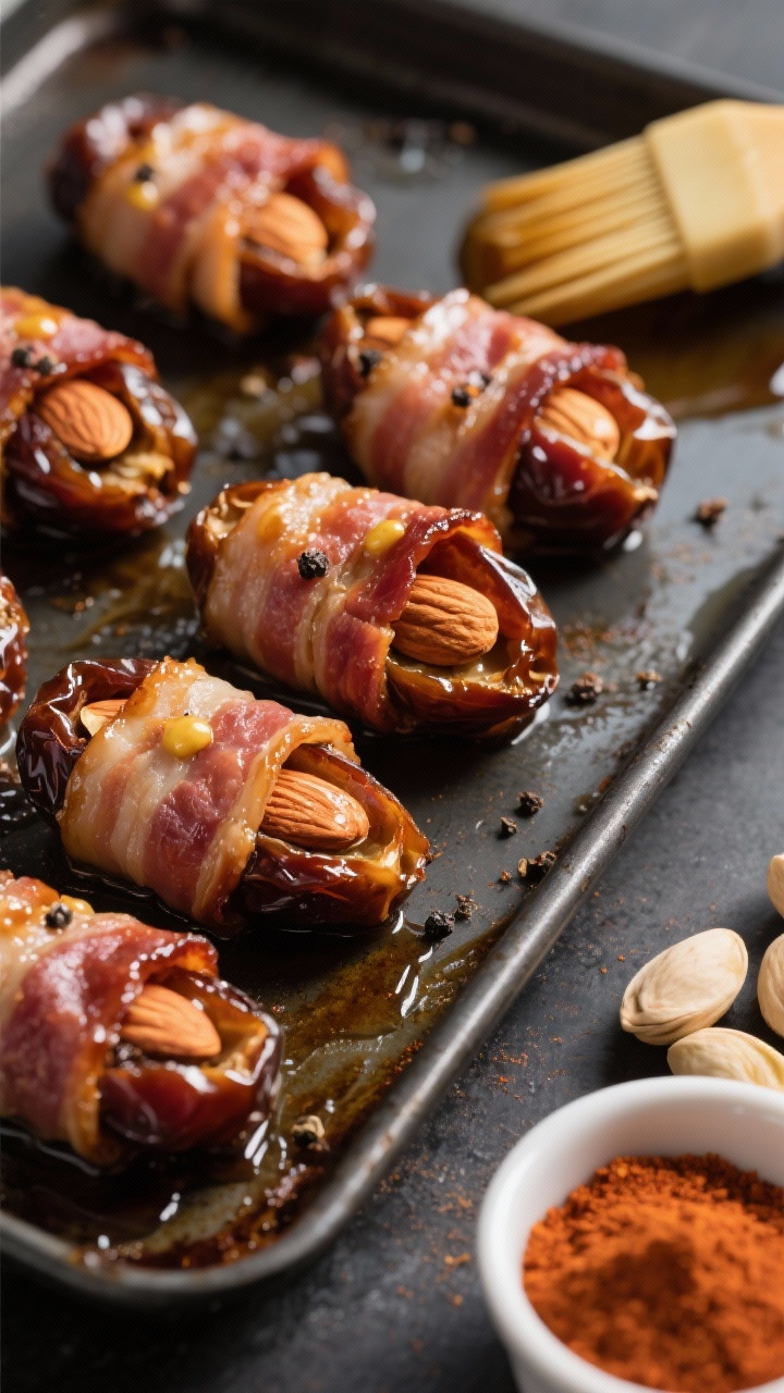 45-degree angle close-up: Maple-glazed bacon-wrapped dates fresh from the oven on a dark sheet pan—each Medjool date stuffed with a toasted whole almond, tightly wrapped in thin-cut bacon, lacquered with a sheen of pure maple syrup mixed with Dijon mustard and a hint of smoked paprika; visible caramelized edges, tiny flecks of freshly cracked black pepper; a silicone brush with syrupy glaze, a small ramekin of paprika, and a few raw pitted dates off to the side; rich warm tones, crisp-bacon texture and sticky glaze emphasized.
