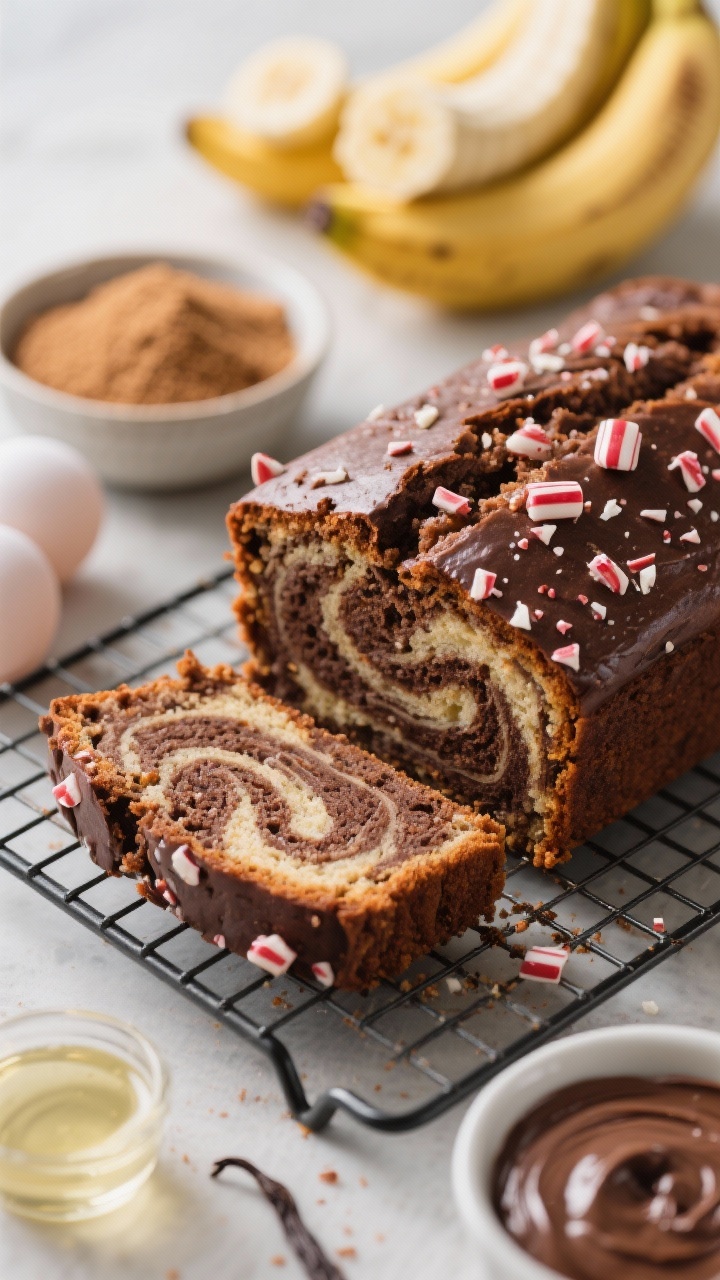 45-degree angle close-up of a freshly baked chocolate peppermint swirl banana bread loaf on a cooling rack, dramatic marbled interior visible in a thick slice lying on its side. Show flecks of crushed peppermint on top, with moist banana crumb glistening slightly. Surround with key ingredients in soft focus: mashed very ripe bananas in a bowl, granulated and brown sugar, neutral oil, two large eggs, vanilla extract, and cocoa swirl batter in a small dish. Rich, inviting tones, shallow depth of field for a bakery-quality look.