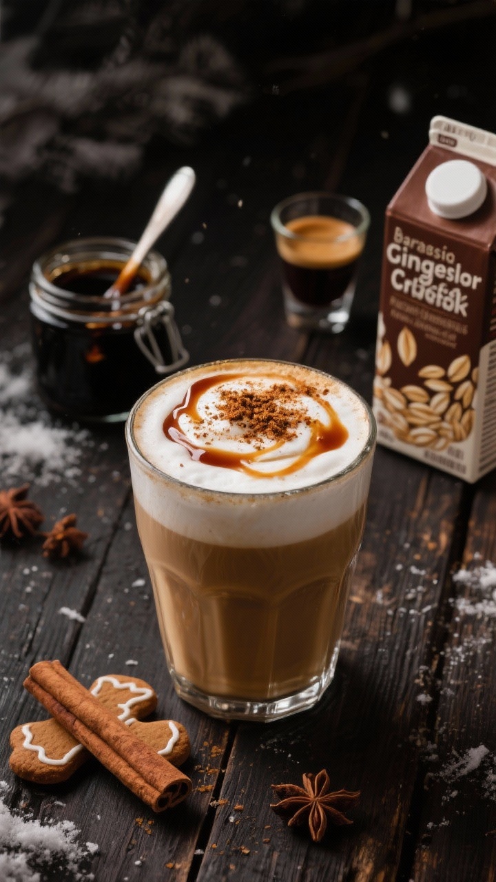 45-degree angle close-up of a Gingerbread Latte made with frothy barista oat milk, strong espresso, blackstrap molasses ribboned through the foam, and a maple syrup gloss. Top with a sprinkle of warm spices to suggest gingerbread (ginger, cinnamon, nutmeg) and a swirl from the molasses for dramatic contrast. Scene includes a small jar of blackstrap molasses with a sticky spoon, oat milk carton, and an espresso shot glass on a dark rustic wood surface; moody winter lighting, rich browns and caramels, no people.