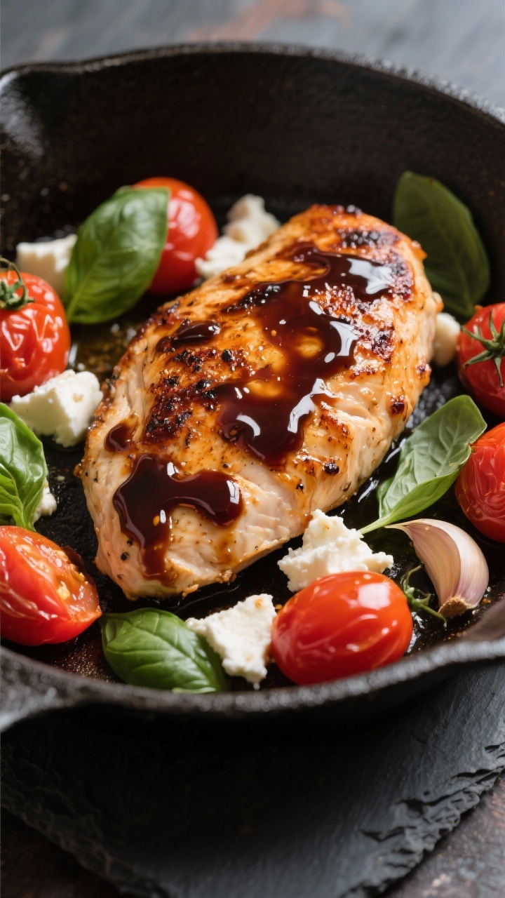 10 Easy One-pan Chicken Dinners for Busy Weeknights That Taste Like Weekend Treats 45-degree angle close-up of balsamic chicken Caprese in a skillet: seared boneless skinless chicken breasts glazed with a syrupy balsamic reduction (balanced with a touch of honey), surrounded by burst cherry tomatoes and garlic; torn mozzarella pearls melting into the warm tomatoes, fresh basil leaves scattered; glossy, high-contrast highlights, dark skillet on slate.