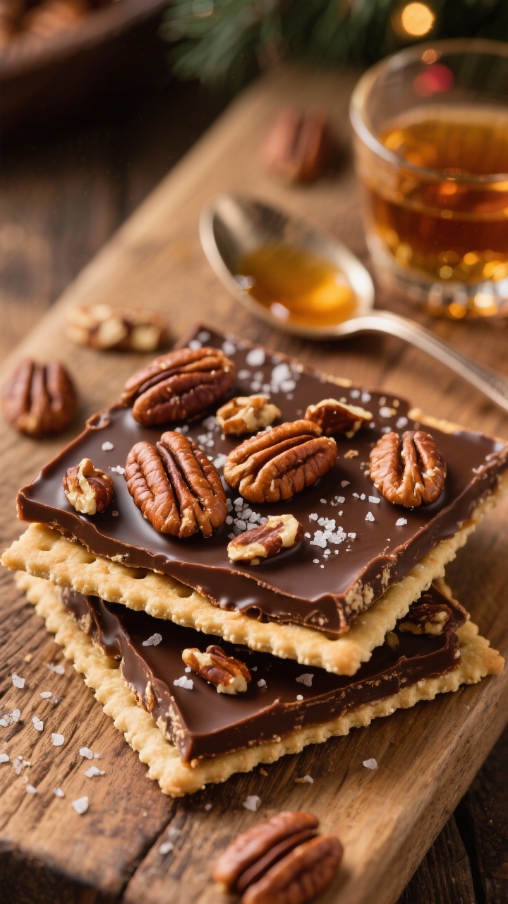 45-degree angle close-up of Brown Butter Bourbon Pecan Toffee: rich, deep caramelized toffee made with browned unsalted butter and dark brown sugar, layered over salted butter crackers, topped with melted dark chocolate, studded generously with toasted pecan halves, and finished with fine sea salt; include a small glass of bourbon and a spoon glistening with brown butter solids in the background; warm holiday mood on a rustic wood board, tight depth of field highlighting glossy chocolate, pecan ridges, and salt.
