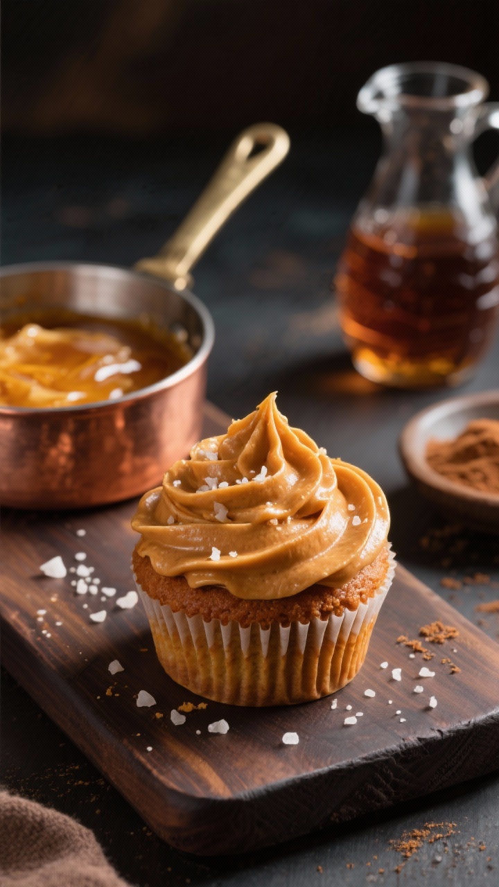 45-degree angle close-up of brown butter pumpkin cupcakes topped with glossy salted maple frosting, a few flaky sea salt crystals catching the light. A small copper pan of browned butter with toasty milk solids sits in the background, along with a maple syrup pitcher and a dish of ground cinnamon. The cupcakes show deep caramelized edges from the browned butter; styling on a dark wood board to evoke “fancy” warmth, professional depth of field isolating the frosting’s sheen and swirl, no people.