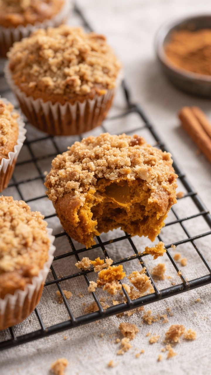Pumpkin Muffins You’ll Crave All Year Long 45-degree angle close-up of brown sugar streusel pumpkin muffins on a cooling rack, showcasing a generous crumbly streusel made from flour, packed light brown sugar, cinnamon, a pinch of salt, and melted butter. One muffin torn open to reveal moist pumpkin interior; scattered streusel crumbs on the rack, a small dish of ground cinnamon nearby. Warm, cozy tones, rustic linen underneath, crisp detail on the crumble texture.