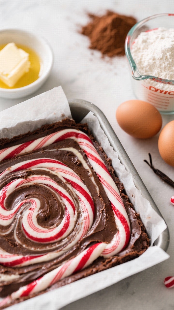 45-degree angle close-up of Candy Cane Swirl Brownies in the pan, showing dramatic red-and-white peppermint swirl ribbons against a rich cocoa brownie base; include a small bowl of melted unsalted butter, a mound of granulated sugar, two eggs, vanilla extract, peppermint extract, sifted unsweetened cocoa powder, and a partially filled measuring cup of flour in soft focus; clean baking parchment edges, bakery-style neatness, high-contrast colors, minimal holiday props, crisp highlights.