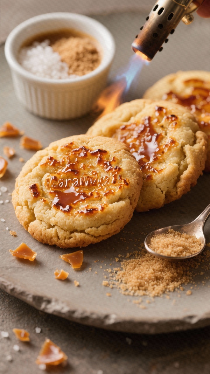 45-degree angle close-up of Caramel Brulée Latte cookies with a crackly brûléed sugar top: golden-brown sugar cookies made from flour, baking powder, kosher salt, butter, granulated sugar, light brown sugar, egg, and vanilla, finished with a caramelized sugar crust that’s blistered and glassy; show a small torch off-frame effect with shards of caramel sugar scattered; include a ramekin of mixed granulated and light brown sugar and a spoon trailing sugar; warm, amber-toned lighting and a matte stone plate for contrast, no people.