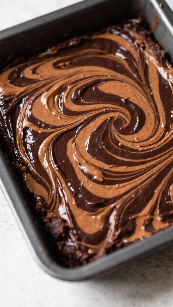 45-degree angle close-up of Chewy Ginger Molasses Swirl Brownies in the pan before baking, focusing on dramatic ribbons of glossy swirl mixture (unsulfured molasses and dark brown sugar) marbled through the base brownie batter from Recipe