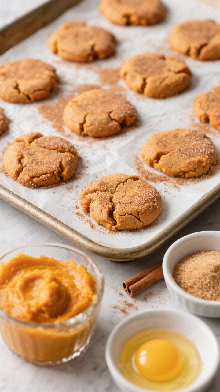 Thanksgiving Cookies That’ll Steal the Show From the Pie 45-degree angle close-up of Chewy Pumpkin Snickerdoodles mid-bake: a parchment-lined sheet pan with puffed, crackled cookies coated in sparkling cinnamon-sugar, the orange hue of blotted pumpkin puree peeking through; foreground includes a bowl of pumpkin purée (clearly not pie filling), melted butter in a glass cup, light brown sugar and granulated sugar in separate bowls, and a single egg yolk in a small dish; warm cinnamon dust visible on the surface, shallow depth of field, inviting fall mood.