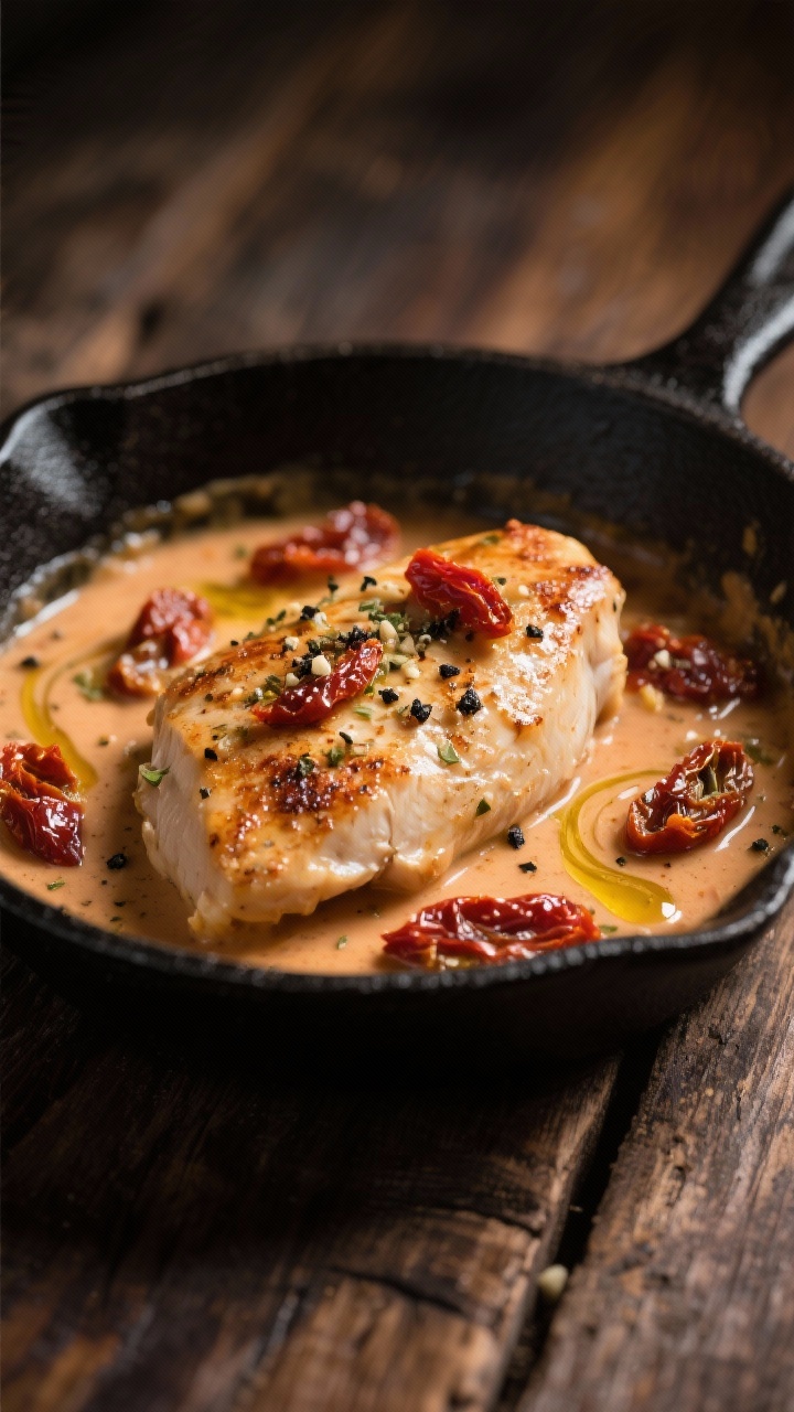 10 Easy One-pan Chicken Dinners for Busy Weeknights That Taste Like Weekend Treats 45-degree angle close-up of creamy Tuscan skillet chicken: seared boneless skinless chicken breasts in a glossy sun-dried tomato cream sauce, flecked with Italian seasoning and garlic powder, sauce clinging to the chicken with visible sun-dried tomato pieces and a swirl of oil; cracked black pepper on top, served in a black cast-iron skillet on a rustic wooden table, warm moody lighting, date-night feel.
