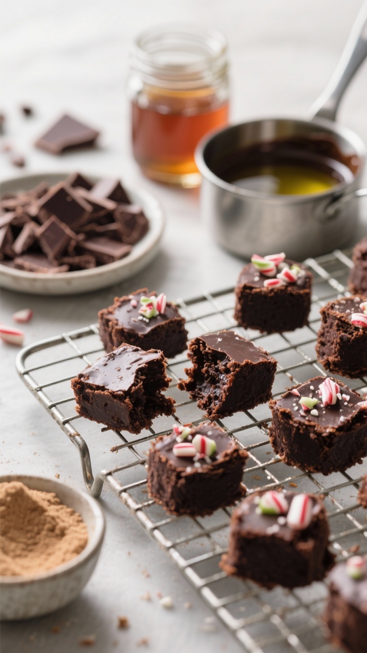 Healthy and Low-sugar Christmas Baking Recipes That’ll Steal the Cookie Tray 45-degree angle close-up of dark chocolate peppermint brownie bites on a cooling rack, ultra-fudgy interior visible in one bitten piece, with a subtle protein boost implied by a small bowl of unflavored protein powder in the background. Show chopped 85% dark chocolate melting with extra-virgin olive oil in a small saucepan, a jar of pure maple syrup, and a dish of coconut sugar nearby. Garnish finished bites with crushed peppermint for contrast; deep, dark chocolate tones, soft diffused light, minimal props to emphasize richness.