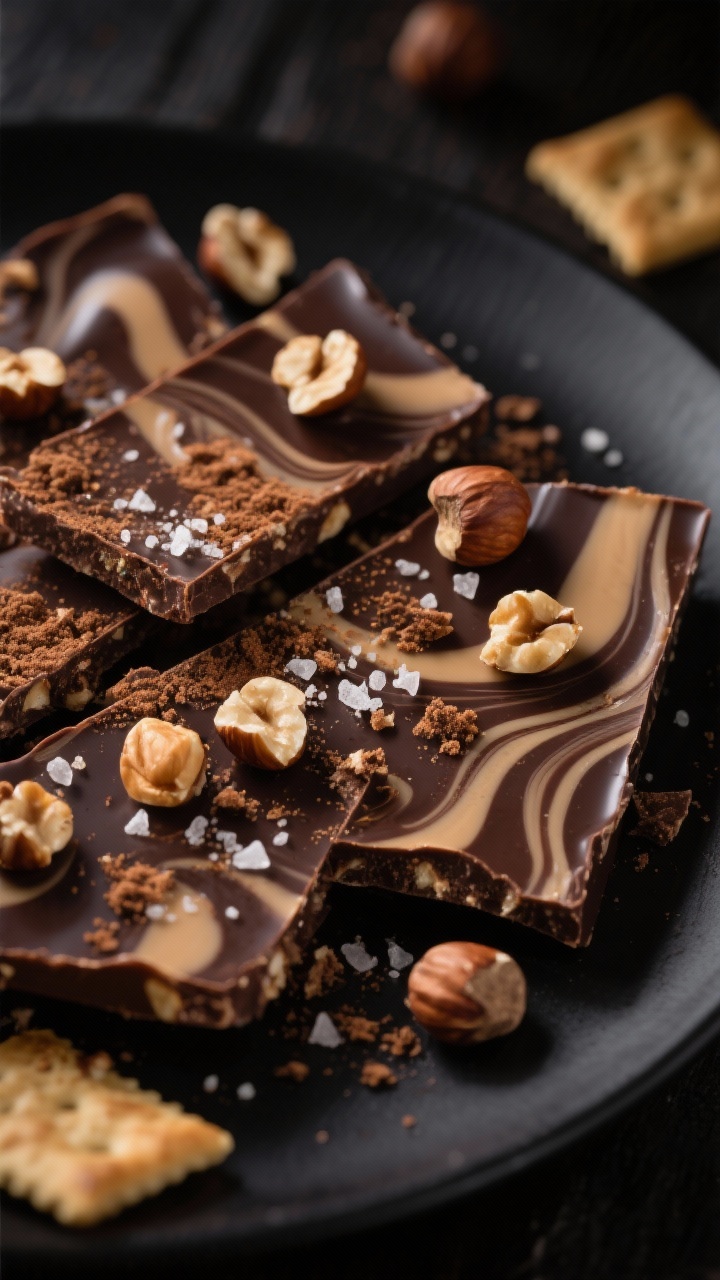 45-degree angle close-up of Espresso Hazelnut Swirl Toffee shards on a matte black plate: dark chocolate and milk chocolate marbled with visible espresso powder speckles, toasted hazelnut pieces scattered over the surface, fine sea salt crystals glistening; crumbs of salted saltine crackers at the edges hint at the base; warm, moody lighting with a soft side highlight to emphasize glossy chocolate and nut texture.