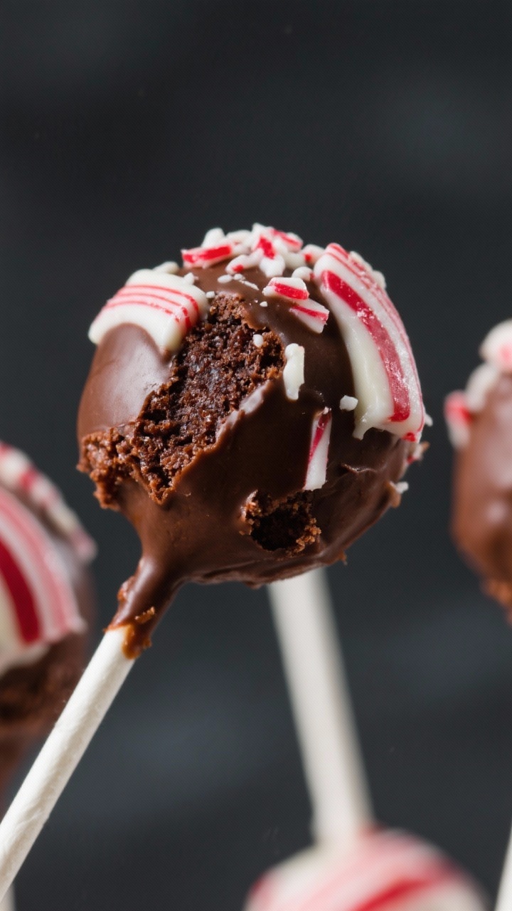 45-degree angle close-up of finished Peppermint Bark cake pops: moist chocolate cake (from a