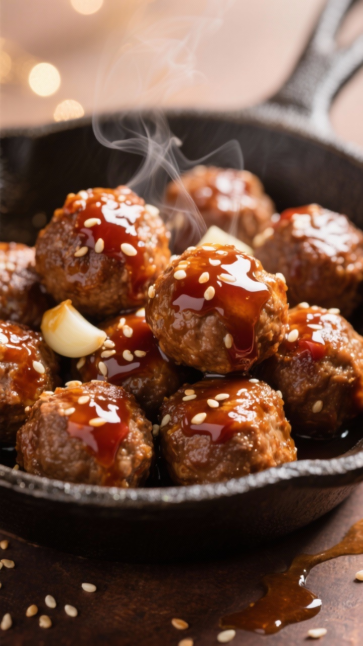 45-degree angle close-up of glossy honey-garlic cocktail meatballs piled in a shallow cast-iron skillet, lacquered with a sticky sauce made from honey, low-sodium soy sauce, ketchup, minced garlic, rice vinegar, and a hint of sesame; steam rising, sesame seeds scattered, festive sparkle from a soft bokeh background, rich mahogany tones, clean rim drips to show viscosity.