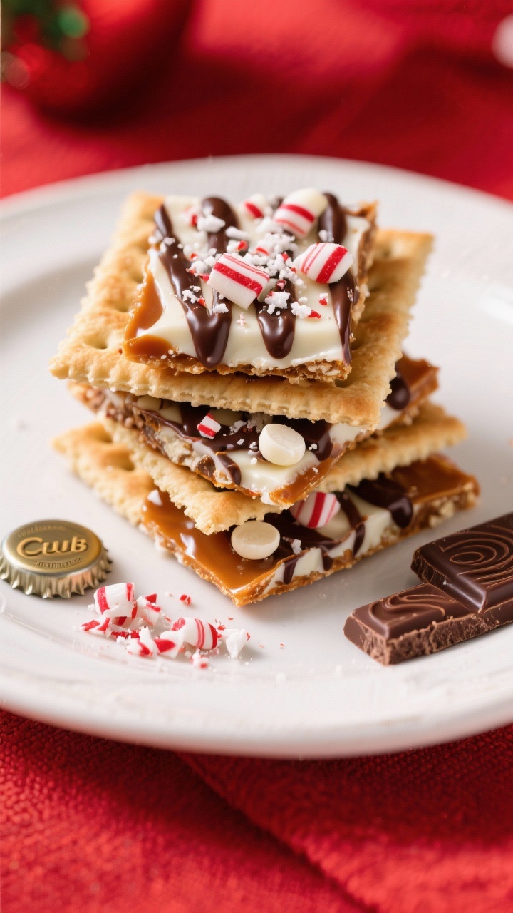 45-degree angle close-up of Peppermint Bark Cracker Toffee shards stacked on a white ceramic plate: buttery Club crackers enrobed in amber toffee (unsalted butter and granulated sugar), topped with a snowy layer of melted white chocolate chips, a festive scatter of crushed peppermint candy, and delicate dark chocolate drizzle. Include a tiny bottle cap of peppermint extract, a bar of dark chocolate with curls, and a small pile of crushed candy canes on a red linen. Bright, cheerful holiday mood, high contrast highlights on glossy chocolate, shallow depth of field to emphasize texture.
