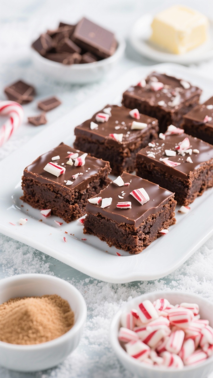 45-degree angle close-up of peppermint bark party brownies on a white platter: deep cocoa-brown squares topped with a thin glossy chocolate layer and crushed candy cane bits, a few flakes falling to the surface. Show the bittersweet and unsweetened chocolate richness in the interior crumb. Prop ingredients nearby for context: chopped bittersweet chocolate, unsweetened chocolate, unsalted butter, granulated sugar, light brown sugar, and a small bowl of peppermint candy pieces. Cool-tone styling with wintry accents, crisp highlights to make the peppermint sparkle.
