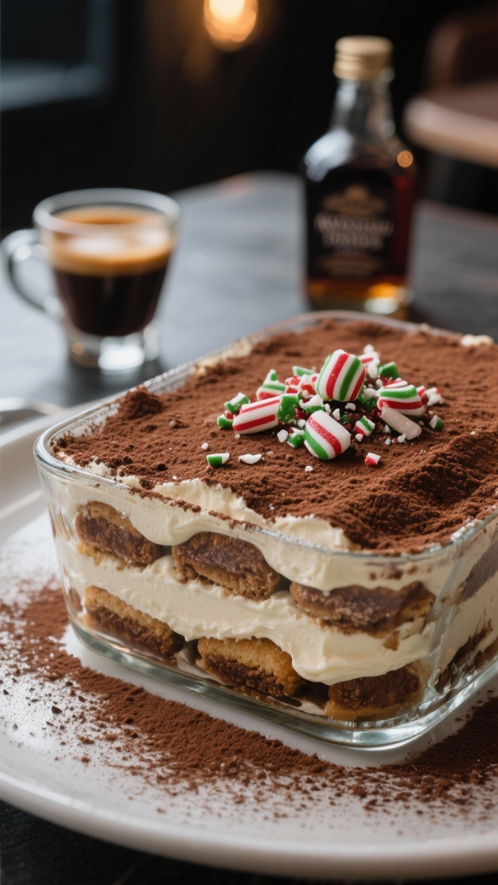45-degree angle close-up of peppermint mocha tiramisu in a glass dish: visible layers of coffee-soaked ladyfingers brushed with strong brewed coffee and a hint of coffee liqueur, creamy mascarpone–cream cheese mixture spread thickly, generous snowfall of unsweetened cocoa powder on top; garnished with crushed peppermint candy for a festive touch; a demitasse of cooled espresso and a small bottle of dark rum in the background; moody café lighting, shallow depth of field emphasizing velvety texture and cocoa dust.