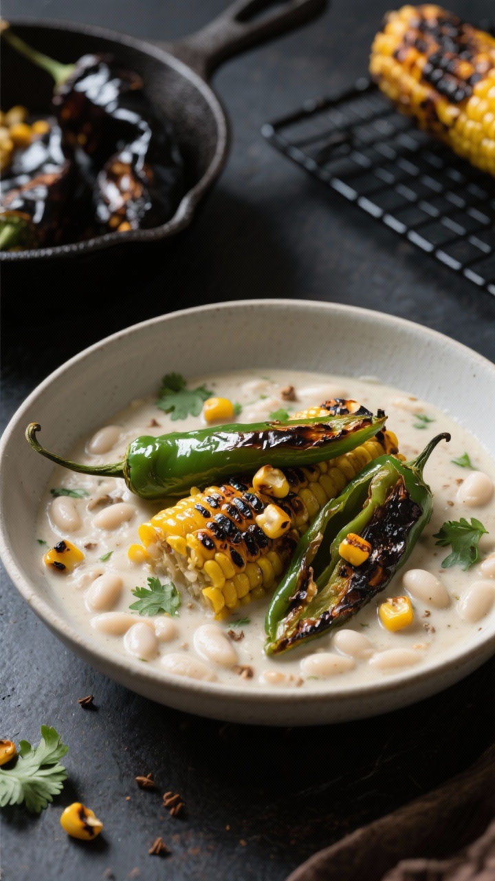 45-degree angle close-up of roasted poblano & white bean chili with charred corn: blistered, peeled poblano strips folded into a creamy white bean base, visible sear on corn kernels, scented with cumin and coriander. Garnish with a few extra charred corn kernels and chopped cilantro in a wide shallow bowl. Include a small cast-iron skillet with charred corn in the background and a cooling rack with blackened poblanos. Moody, contrasty light to showcase char and texture.