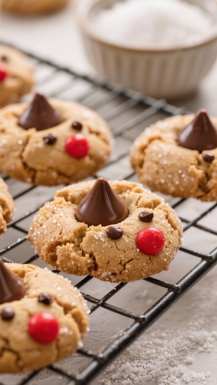 45-degree angle close-up of Rudolph Red-Nose Peanut Butter Blossoms cooling on a wire rack: crackly peanut butter cookies (all-purpose flour, baking soda, fine salt, unsalted butter, creamy peanut butter, granulated sugar rolled exterior) crowned with glossy chocolate kisses; each cookie decorated as Rudolph with mini chocolate chip eyes and a bright red candy “nose,” sugar sparkle on the surface; warm, cozy tones with shallow depth of field and a blurred ramekin of extra granulated sugar behind.