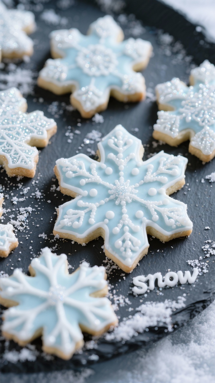 45-degree angle close-up of Sparkling Snowflake Cookies arranged on a slate platter, each cut with snowflake cookie cutters and decorated with delicate piped lace in royal icing; fine dots and filigree lines create intricate patterns, subtle shimmer from sanding sugar; cool wintery palette with icy blues and bright whites; shallow depth of field to emphasize crisp arms and lace detail; a scattered dusting of powdered sugar “snow” around the platter.