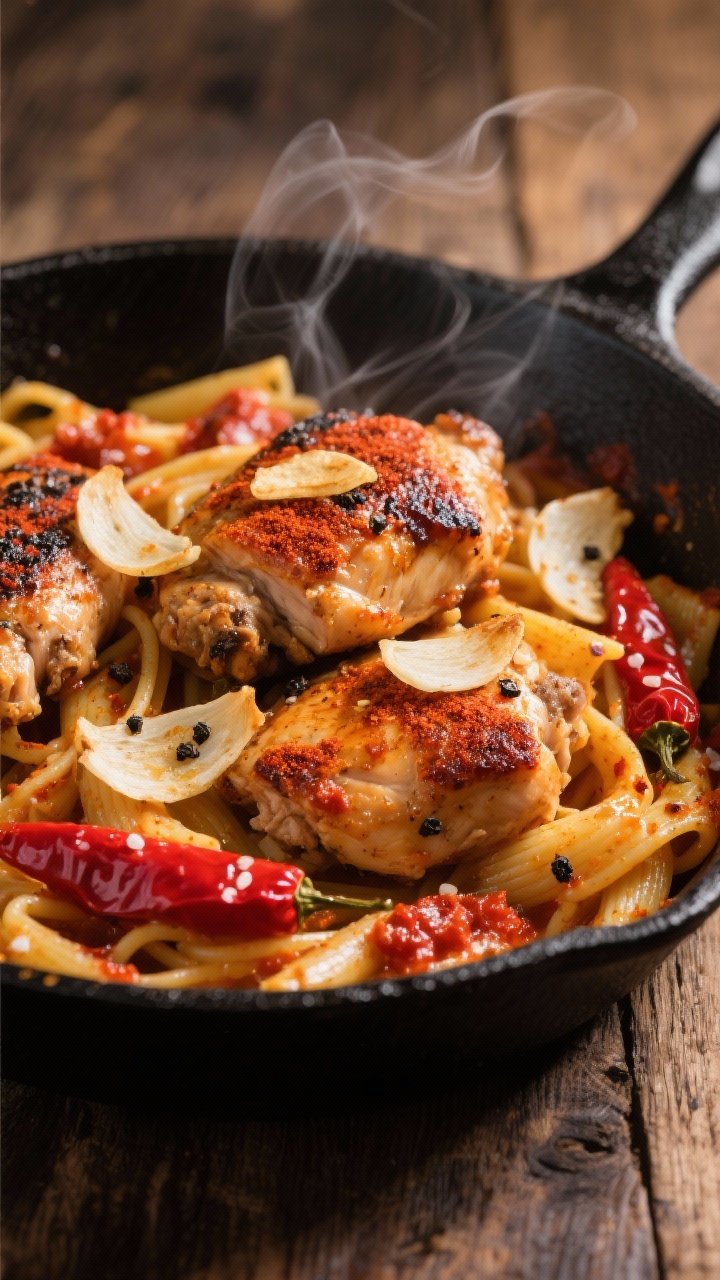 45-degree angle close-up of Spicy Calabrian Tuscan Chicken Pasta in a matte black skillet: bite-size chicken thighs seared and lacquered with smoked paprika and kosher salt, tossed with al dente pasta and vivid red Calabrian chili paste; thinly sliced garlic chips scattered on top for a crunchy garlic finish; visible black pepper flecks and a light olive oil sheen. Steam rising, dramatic side light, charred edges on chicken, rustic wooden table backdrop, intensely appetizing heat-forward vibe.