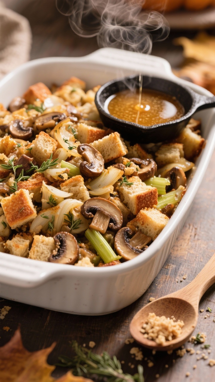 45-degree angle cozy baking dish scene: golden brown butter sourdough stuffing piled high in a white enamel casserole, visible toasted cubes of day-old bread, browned cremini mushrooms, softened onions and celery, flecks of herbs throughout; a small skillet of foamy browned butter just poured over the top, steam rising; a wooden spoon resting nearby with crumbs and herb bits; warm, autumnal styling, professional depth of field.