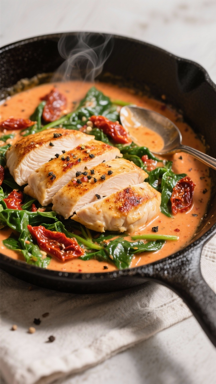 45-degree angle, creamy skillet scene: thin-cut boneless skinless chicken breasts seared golden, bathed in a velvety sun-dried tomato cream sauce with wilted spinach folded through. Visible flakes of Italian seasoning, cracked black pepper, and a warm orange-red hue from the sun-dried tomato oil. Served in a black cast-iron skillet on a light linen, steam rising, with a spoon trail showing the sauce’s silky richness.