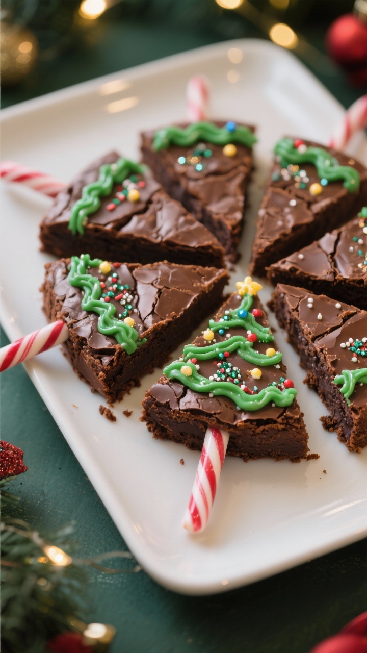 45-degree angle festive scene of Christmas Tree Brownie Wedges: a round brownie made with unsalted butter, chopped bittersweet chocolate, granulated sugar, brown sugar, eggs, and vanilla, sliced into triangular wedges and decorated as Christmas trees with green icing garlands and sparkly sprinkle “lights”; candy cane stick “trunks” inserted at the base of each wedge; arranged in a fan on a white rectangular platter with bokeh holiday lights in the background, sharp focus on crackly brownie top and glossy chocolate crumb.