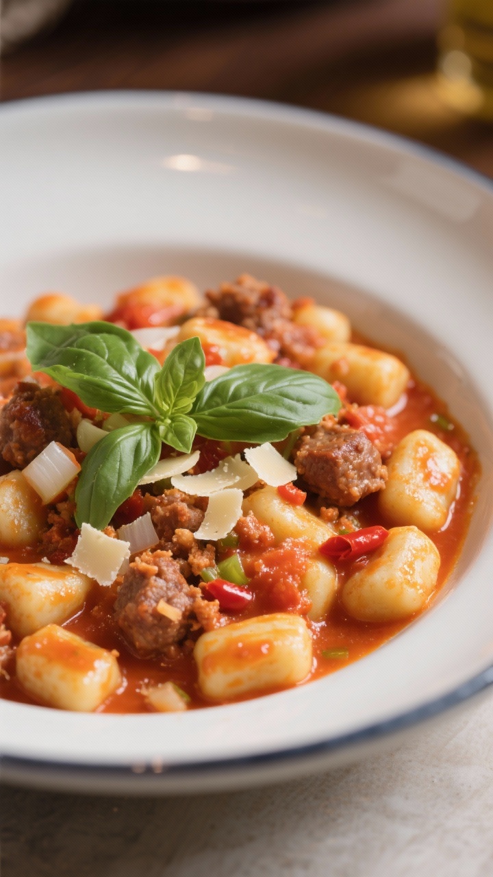 7 One-pan Dinners That Make Clean-up Effortless (and Weeknights Easier) 45-degree angle, final plated bowl of creamy tomato basil gnocchi with crumbled Italian sausage. Plump gnocchi coated in a glossy crushed-tomato cream sauce, ribbons of fresh basil on top, sautéed diced onion and minced garlic visible. Light olive oil sheen, a few chili flakes from spicy sausage suggested, parmesan shavings optional in background. Warm, inviting Italian trattoria vibe.