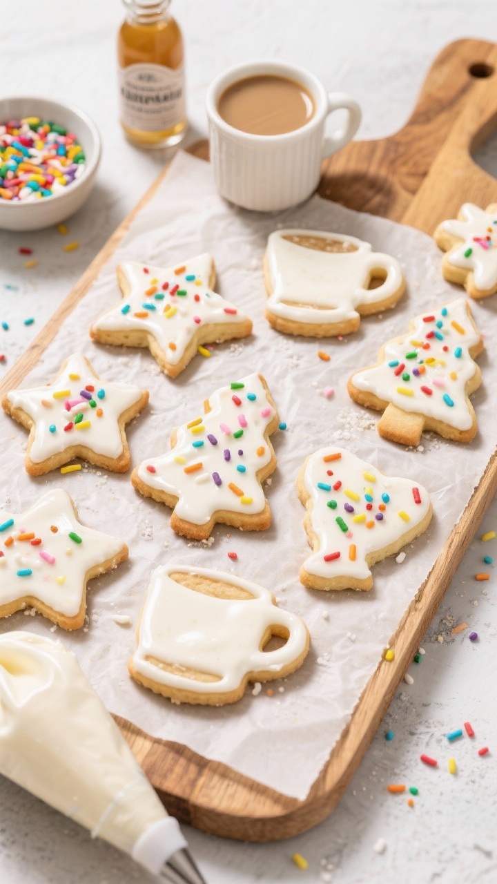45-degree angle final platter of Iced Sugar Cookie Almondmilk Latte cutouts with sprinkle magic: crisp cutout cookies from flour, baking powder, kosher salt, butter, granulated sugar, egg, vanilla extract, and almond extract, topped with smooth almond-vanilla icing and rainbow holiday sprinkles; arrange assorted shapes (stars, trees, mugs) on a parchment-lined wooden board; include a small bowl of sprinkles, a piping bag with white icing, and a bottle of almond extract for cueing flavors; bright, cheerful lighting with clean highlights on the icing for an irresistibly glossy finish.