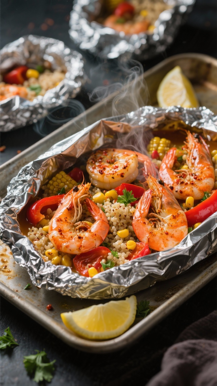 45-degree angle, foil-pack Cajun shrimp and veggie bake, opened just after cooking: large shrimp coated in Cajun seasoning, nestled with slices of red bell pepper, tender corn kernels, and fluffy quinoa cooked in low-sodium broth. A glisten of olive oil, specks of paprika and herbs on the shrimp, steam escaping from the crimped foil edges. Served on a sheet tray with lemon wedges and a sprinkle of chopped parsley for freshness. High-contrast lighting to emphasize spices and succulence, zero-mess, weeknight energy with multiple foil packs in the background.