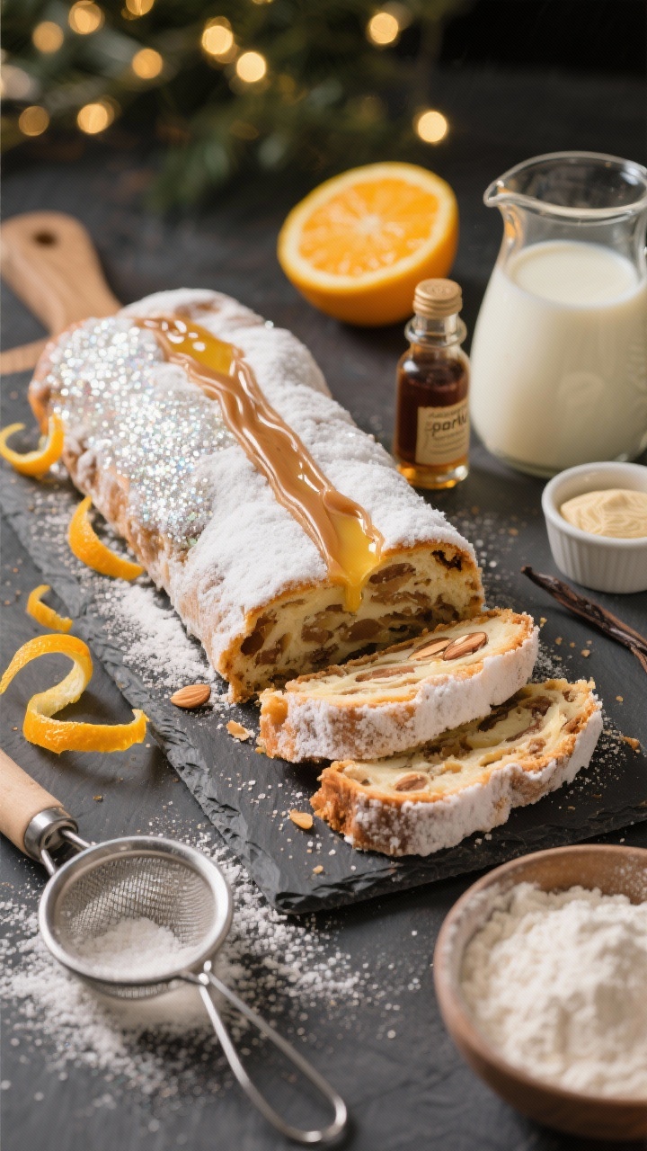 45-degree angle hero shot of a sparkling citrus stollen with a marzipan ribbon running through the center, sliced to reveal the almond paste seam; the loaf lavishly coated in melted butter and a thick layer of granulated and powdered sugar “sparkle.” Style with orange and lemon zest curls, a small bottle of vanilla extract, a jug of warm whole milk, a ramekin of instant yeast, and a bowl of all-purpose flour. Place on a slate board with a citrus zester and a fine-mesh sieve dusting sugar in a gentle cascade, bright festive lighting to emphasize the citrus aroma and shimmer.