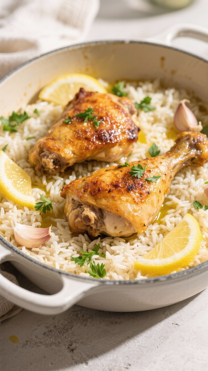 10 Easy One-pan Chicken Dinners for Busy Weeknights That Taste Like Weekend Treats 45-degree angle hero shot of one-pan Greek chicken with lemon rice: crispy-skinned bone-in chicken thighs resting atop fluffy, glossy long-grain rice cooked in chicken broth and fresh lemon juice; garlic slivers visible, lemon slices tucked in, rice grains separate and aromatic; garnished with fresh parsley and a final olive oil sheen, presented in an enamel braiser, breezy summer vibe.