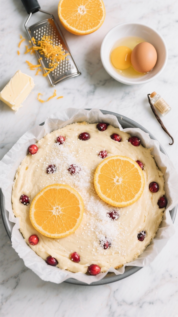 45-degree angle, ingredient-prep and topping focus: A Cranberry-Orange Sugar Cookie Cake just before baking, spread in a parchment-lined round pan. Fresh cranberries folded into a pale, buttery dough, the top showered with sparkly citrus sugar made from granulated sugar rubbed with the zest of 2 oranges. A microplane with vibrant orange zest, a softened butter stick, a bowl with 1 whole egg and 1 yolk, and a small vial of vanilla set around the pan on a cool marble surface. Bright, zesty color palette, crisp lighting that makes the sugar sparkle.