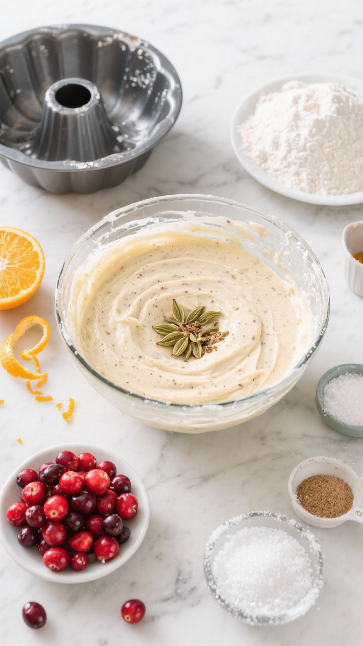 45-degree angle ingredient-prep scene for Spiced Cranberry Orange Bundt: a large mixing bowl of pale batter flecked with ground cardamom, surrounded by fresh cranberries, zested oranges with curls of bright zest, measured flour, baking powder, baking soda, and fine sea salt. A Bundt pan greased and sugared sits nearby, with sparkling sugar in a small dish ready for the “snow” finish. Clean, bright light on a white marble surface to pop the reds and oranges; crisp, editorial styling with a focus on the jewel-like cranberries and citrus oils.