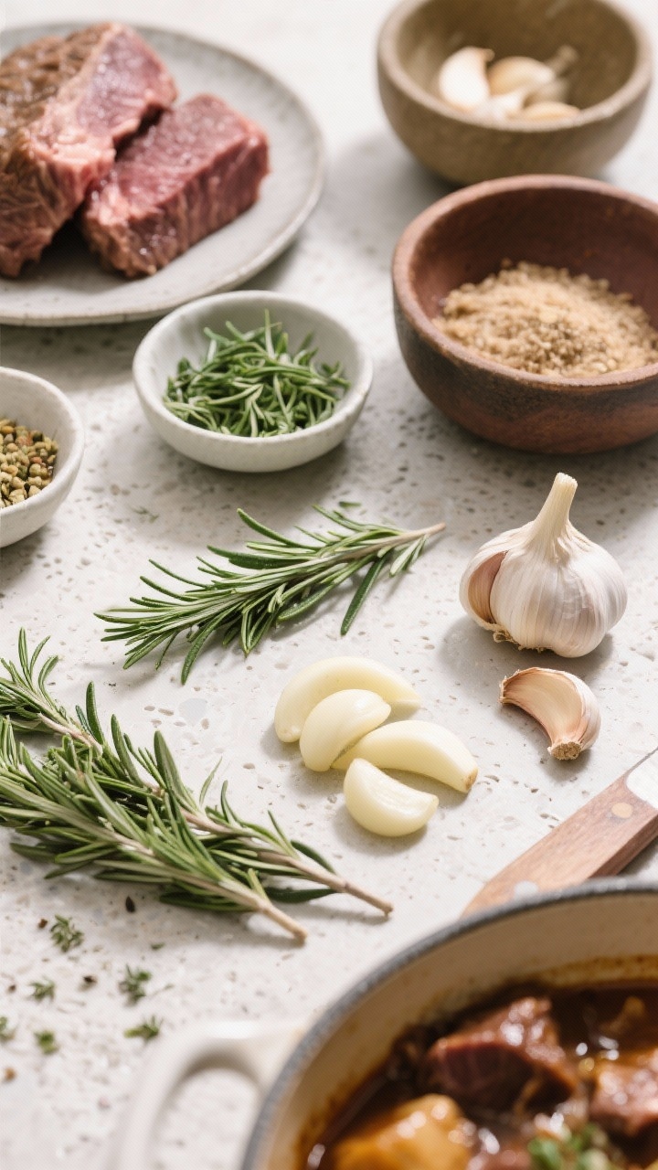 45-degree angle ingredient-prep shot for a herby garlic and rosemary beef stew: neat mise en place on a light stone surface featuring
