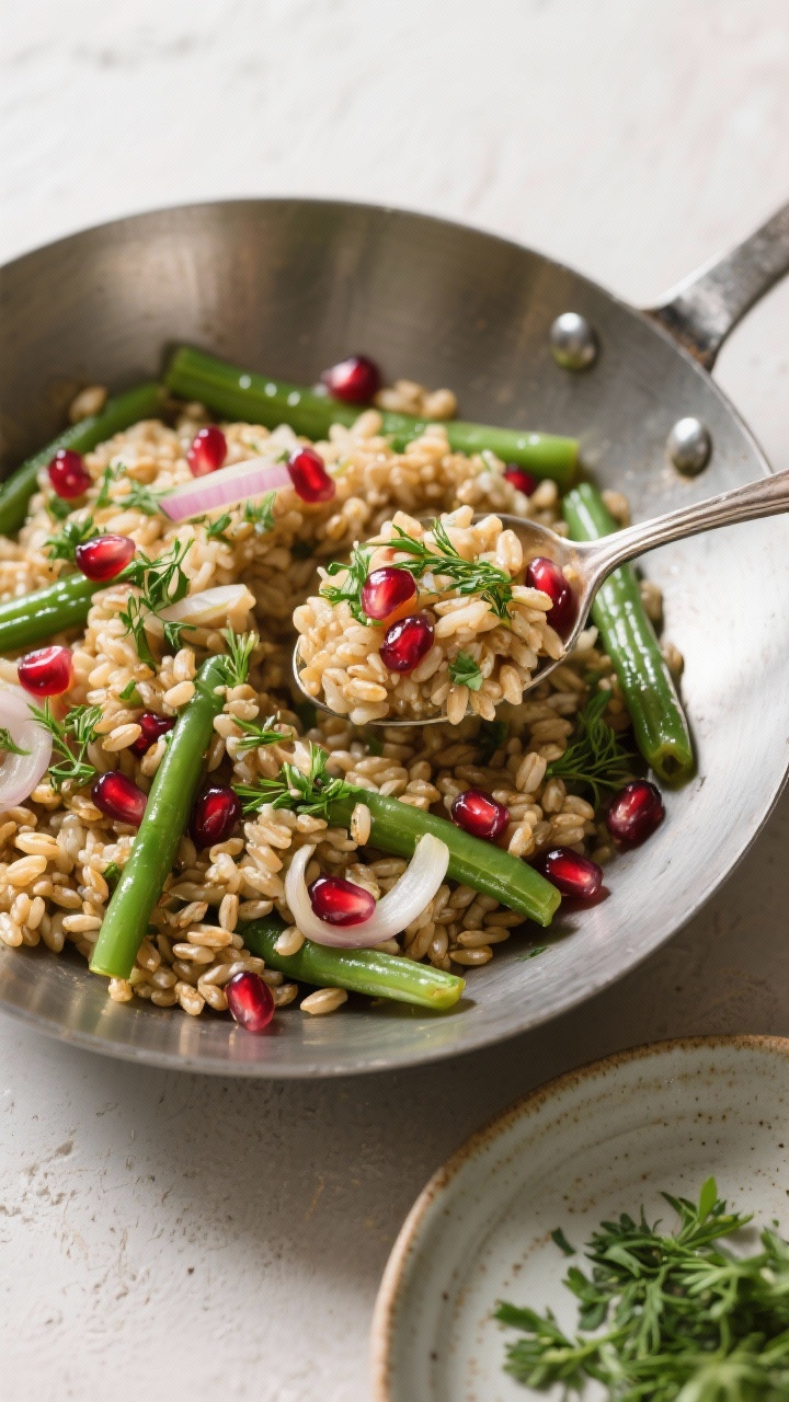 45-degree angle ingredient-to-plated transition for Herbed Farro and Green Bean Pilaf with Pomegranate: glossy pearled farro cooked in low-sodium broth, tossed with sautéed green beans (trimmed and cut), olive oil, and thinly sliced shallots; garnished with bright pomegranate arils and fresh chopped herbs (parsley/dill). Presented in a wide, brushed metal skillet with a spoon scooping out to a small ceramic plate nearby. Highlight chewy farro grains, vibrant green beans, jewel-like pomegranate seeds; bright, natural light with a fresh, wholesome mood.